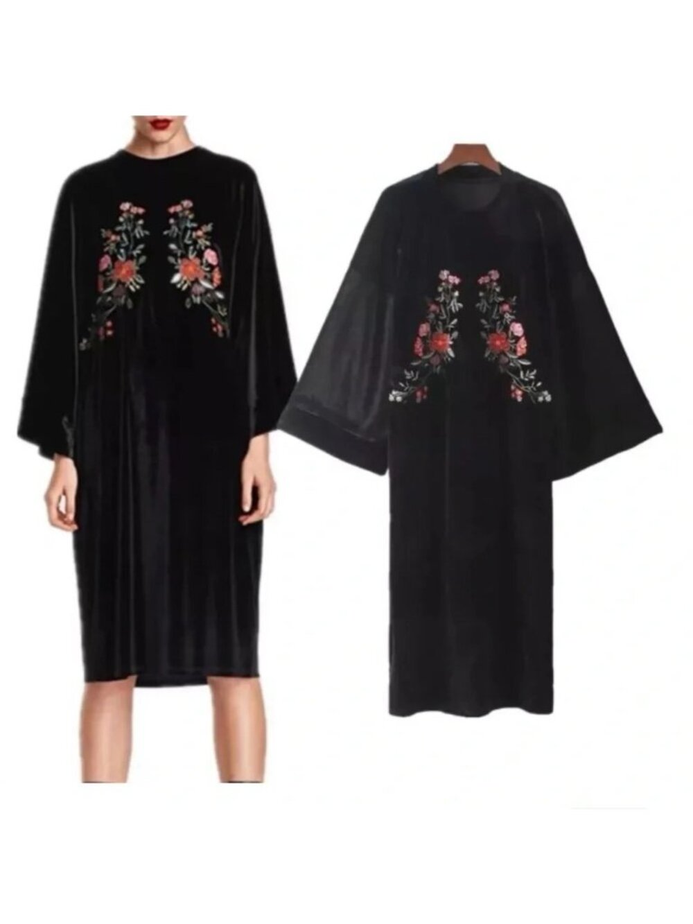EUC Zara Velvet Embroidered Midi Dress Kimono slv Black Women’s Stretch womens S